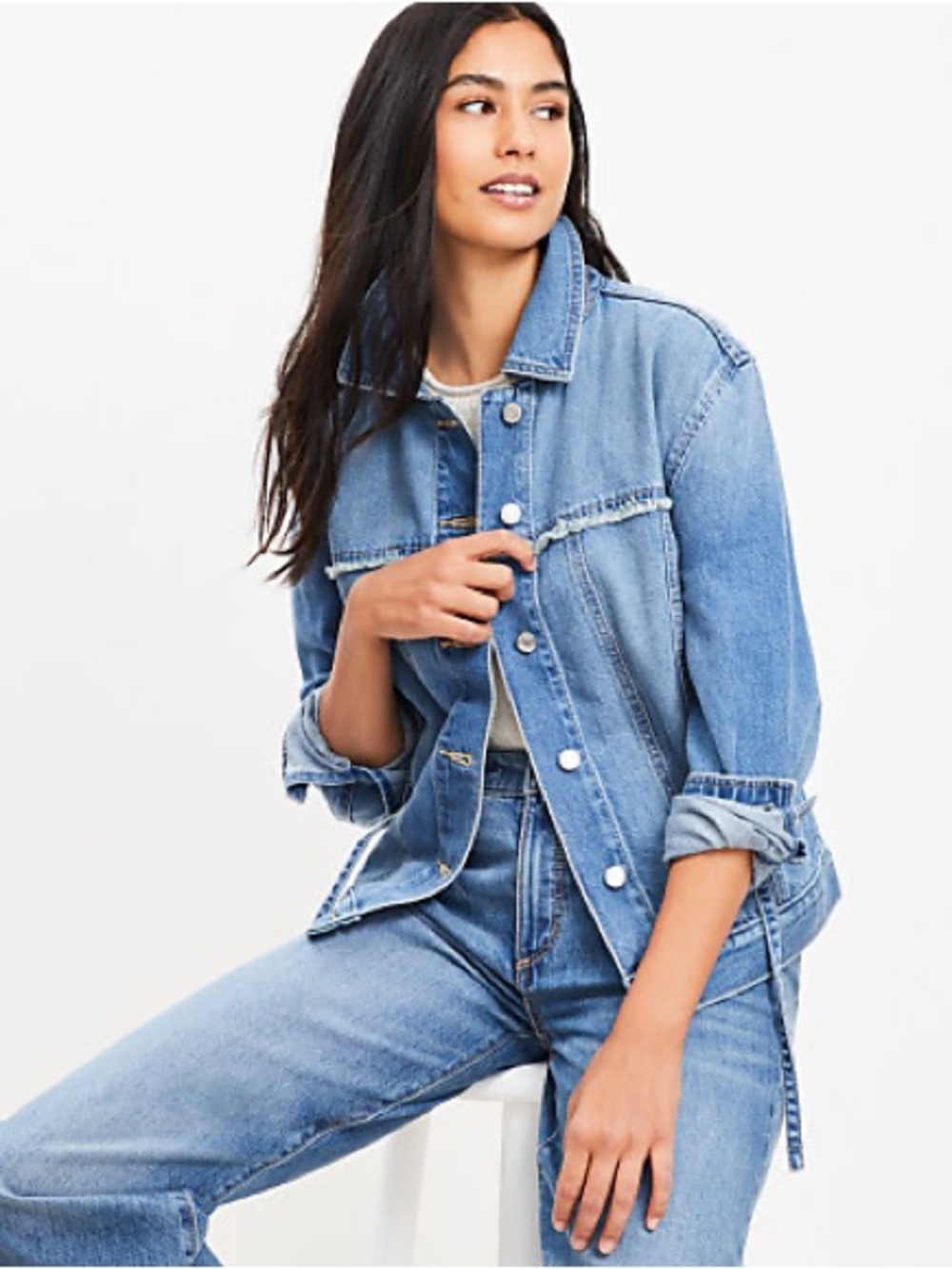 LOFT Women’s Cotton Distressed Trucker Tie-Waist Jean Jacket - Large